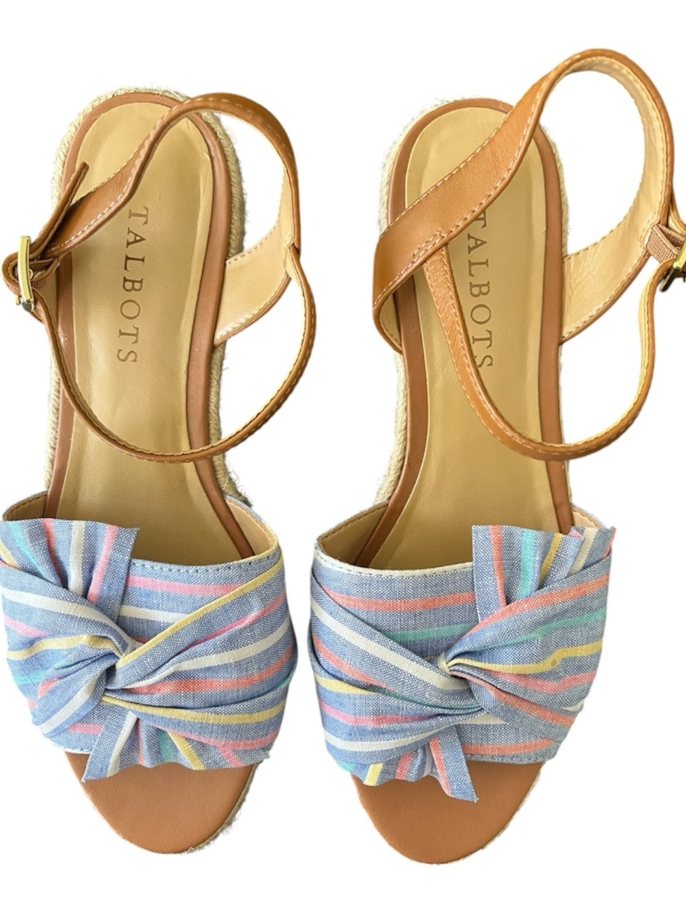 Talbots Tan Leather Ankle-Strap Wedges with Pastel Striped Bow NWOB